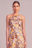 Yellow A-Line Round Neck Midi Wedding Guest Dress with Butterflies