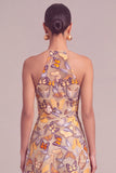 Yellow A-Line Round Neck Midi Wedding Guest Dress with Butterflies