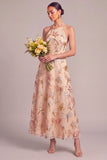 Sparkly Orange A-Line Halter Long Wedding Guest Dress