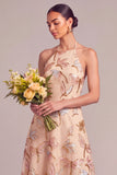 Sparkly Orange A-Line Halter Long Wedding Guest Dress