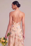 Sparkly Orange A-Line Halter Long Wedding Guest Dress