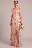 Sparkly Orange Mermaid Square Neck Ruffled Long Wedding Guest Dress with Slit