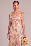 Sparkly Orange Mermaid Square Neck Ruffled Long Wedding Guest Dress with Slit