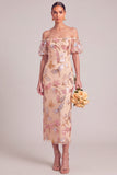 Sparkly Orange Sheath Off the Shoulder Puff Sleeves Midi Wedding Guest Dress