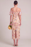 Sparkly Orange Sheath Off the Shoulder Puff Sleeves Midi Wedding Guest Dress