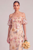 Sparkly Orange Sheath Off the Shoulder Puff Sleeves Midi Wedding Guest Dress