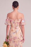 Sparkly Orange Sheath Off the Shoulder Puff Sleeves Midi Wedding Guest Dress