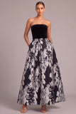 Floral Black A-Line Strapless Long Wedding Guest Dress with Pockets