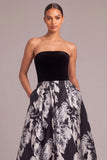 Floral Black A-Line Strapless Long Wedding Guest Dress with Pockets