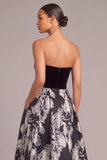 Floral Black A-Line Strapless Long Wedding Guest Dress with Pockets