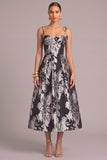 Black A-Line Floral Spaghetti Straps Midi Wedding Guest Dress