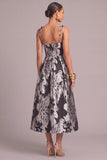 Black A-Line Floral Spaghetti Straps Midi Wedding Guest Dress
