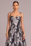 Black A-Line Floral Spaghetti Straps Midi Wedding Guest Dress