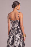 Black A-Line Floral Spaghetti Straps Midi Wedding Guest Dress