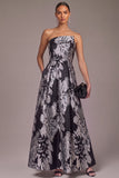 Black A-Line Strapless Floral Long Wedding Guest Dress with Pockets