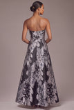 Black A-Line Strapless Floral Long Wedding Guest Dress with Pockets