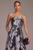 Black A-Line Strapless Floral Long Wedding Guest Dress with Pockets