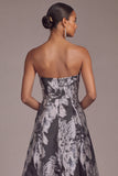 Black A-Line Strapless Floral Long Wedding Guest Dress with Pockets