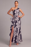 Floral Black One Shoulder Ruffled Mermaid Long Wedding Guest Dress with Slit