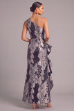 Floral Black One Shoulder Ruffled Mermaid Long Wedding Guest Dress with Slit