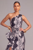 Floral Black One Shoulder Ruffled Mermaid Long Wedding Guest Dress with Slit