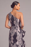 Floral Black One Shoulder Ruffled Mermaid Long Wedding Guest Dress with Slit