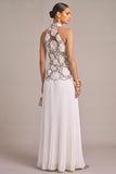 Black White High Neck Pleated Long Floral Wedding Guest Dress
