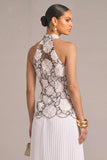 Black White High Neck Pleated Long Floral Wedding Guest Dress