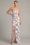 Black White Mermaid Strapless Floral Long Wedding Guest Dress with Slit