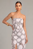 Black White Mermaid Strapless Floral Long Wedding Guest Dress with Slit