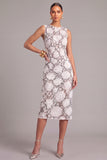 Black White Sheath Round Neck Floral Midi Wedding Guest Dress with Slit