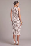 Black White Sheath Round Neck Floral Midi Wedding Guest Dress with Slit