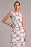 Black White Sheath Round Neck Floral Midi Wedding Guest Dress with Slit