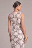 Black White Sheath Round Neck Floral Midi Wedding Guest Dress with Slit