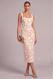 Ivory Sheath Square Neck Floral Midi Wedding Guest Dress with Slit