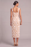 Ivory Sheath Square Neck Floral Midi Wedding Guest Dress with Slit