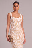 Ivory Sheath Square Neck Floral Midi Wedding Guest Dress with Slit
