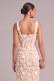 Ivory Sheath Square Neck Floral Midi Wedding Guest Dress with Slit