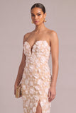 Ivory Mermiad Strapless Floral Long Wedding Guest Dress with Slit