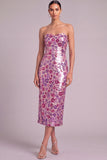 Floral Purple Sparkly Sheath Strapless Sequins Midi Wedding Guest Dress