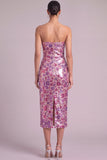 Floral Purple Sparkly Sheath Strapless Sequins Midi Wedding Guest Dress