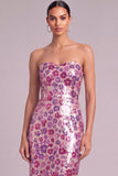 Floral Purple Sparkly Sheath Strapless Sequins Midi Wedding Guest Dress
