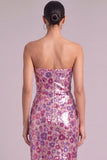 Floral Purple Sparkly Sheath Strapless Sequins Midi Wedding Guest Dress