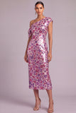 Purple Sparkly Sheath One Shoulder Sequins Floral Midi Wedding Guest Dress