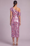 Purple Sparkly Sheath One Shoulder Sequins Floral Midi Wedding Guest Dress