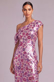 Purple Sparkly Sheath One Shoulder Sequins Floral Midi Wedding Guest Dress