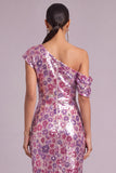 Purple Sparkly Sheath One Shoulder Sequins Floral Midi Wedding Guest Dress