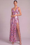 Floral Sparkly Purple Mermaid V-Neck Sequins Long Wedding Guest Dress with Slit