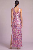 Floral Sparkly Purple Mermaid V-Neck Sequins Long Wedding Guest Dress with Slit
