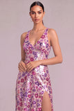 Floral Sparkly Purple Mermaid V-Neck Sequins Long Wedding Guest Dress with Slit